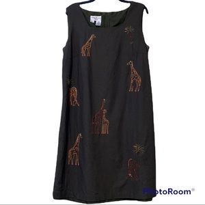 Betsy Lauren 14W womens linen sleeveless safari dress giraffes trees see desc.